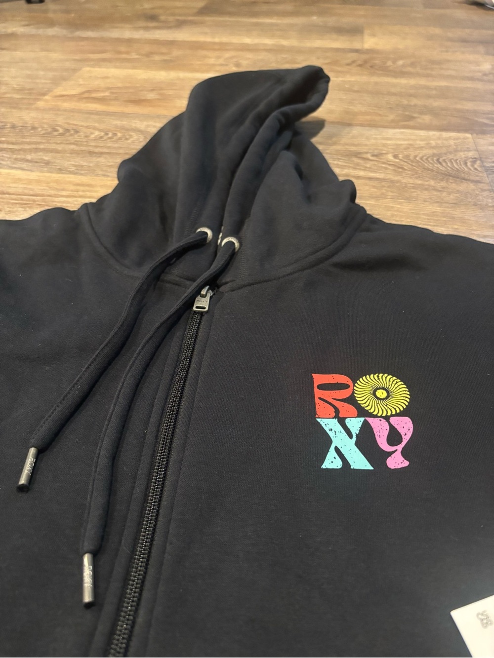 NWT Roxy Endless Sunshine Zip Hoodie Black Lightweight Surf Coast Graphic Large - Picture 2 of 8